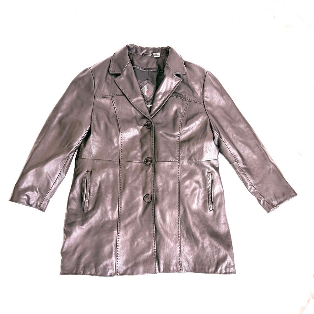 Tibor Leathers Y2K Vintage Women Size 2X Black Leather Button Down Coat Midi